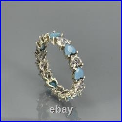 Elegant 925 Sterling Silver Women's Turquoise & Zircon Band Ring Size 9