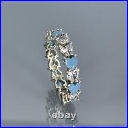 Elegant 925 Sterling Silver Women's Turquoise & Zircon Band Ring Size 9