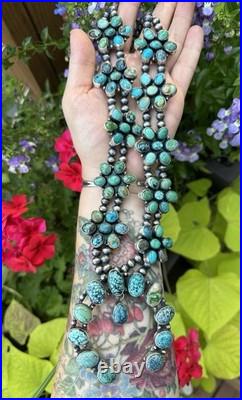 Ella Peter Handmade Navajo Sterling Silver Turquoise Squash Blossom Necklace Ella Peter Handmade Navajo Sterling Silver Turquoise Squash Blossom Necklace