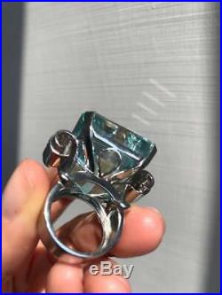 Estate 80.35 Carat Large Emerald Shape Aquamarine With CZ Accents Wedding Ring