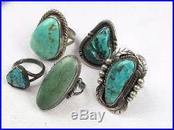 Estate Sterling Silver Native American Turquoise Rings 48.8 Grams Lot Of 5