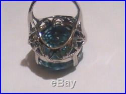 Estate Vintage 35 ct. Aquamarine & sapphire ring 14k white gold 925 SIZE 6.25