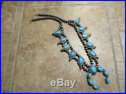 Excellent Vintage Navajo Sterling Silver Turquoise SQUASH BLOSSOM Necklace