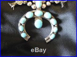Exquisite Old Pawn Navajo Sterling Silver & Turquoise Squash Blossom Necklace