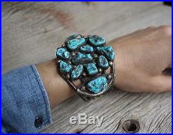 Fabulous Early Navajo Native Cluster Cuff Bracelet Sterling Silver Turquoise