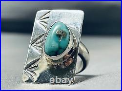 Fascinating Navajo Kingman Turquoise Sterling Silver Ring Signed Del Secatero