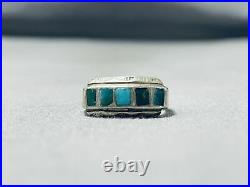 Fascinating Vintage Navajo Blue Green Turquoise Inlay Sterling Silver Ring