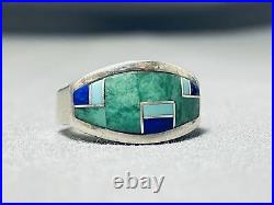 Fascinating Vintage Navajo Turquoise Lapis Inlay Sterling Silver Ring