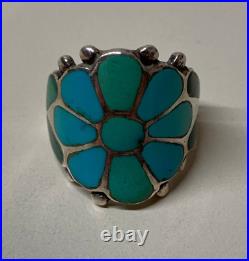 Frank Vacit, Ring, Turquoise, Sterling Silver, Zuni, Inlay, Flower Motif, 7