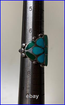 Frank Vacit, Ring, Turquoise, Sterling Silver, Zuni, Inlay, Flower Motif, 7