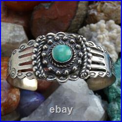 Fred Harvey Era Navajo Turquoise Cuff Bracelet Stamp Decorated Fluted Raindrops