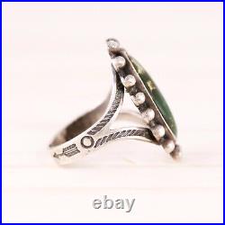 Fred Harvey Sterling Silver Deep Green Turquoise Rain Drop Arrows Ring Size 6