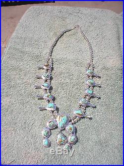GENUINE NAVAJO STERLING SILVER TURQUOISE SQUASH BLOSSOM NECKLACE Signed J. NELSON