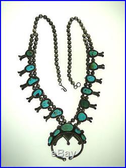 Gorgeous Navajo Sterling Silver & Turquoise Squash Blossom Necklace