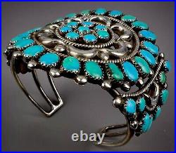 GORGEOUS Vintage Navajo Sterling Silver Turquoise Cluster Cuff Bracelet