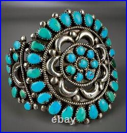 GORGEOUS Vintage Navajo Sterling Silver Turquoise Cluster Cuff Bracelet