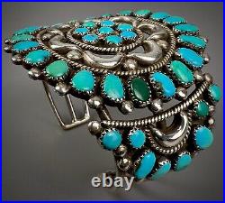 GORGEOUS Vintage Navajo Sterling Silver Turquoise Cluster Cuff Bracelet