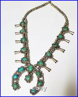 Genuine Native American Sterling Silver Turquoise Squash Blossom Necklace
