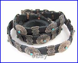 Gorgeous Navajo Handmade Sterling Silver & Turquoise Leather Concho Belt RS BX