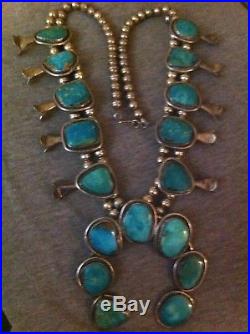 Gorgeous Old Pawn Huge Turquoises & Sterling Silver Squash Blossom Necklace
