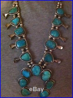 Gorgeous Old Pawn Huge Turquoises & Sterling Silver Squash Blossom Necklace