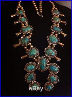 Gorgeous Old Pawn Turquoise &Sterling Silver Huge Squash Blossom Necklace
