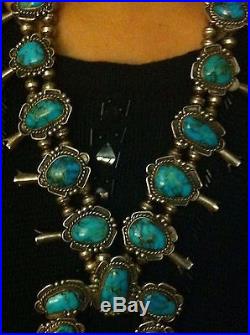 Gorgeous Old Pawn Turquoise &Sterling Silver Huge Squash Blossom Necklace