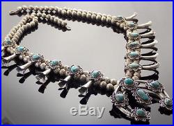Gorgeous Vintage NAVAJO Sterling Silver Bisbee TURQUOISE SquashBlossom NECKLACE