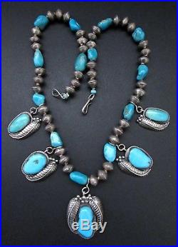 Gorgeous Vintage Navajo Sterling Silver Turquoise Squash Blossom Necklace