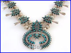 Gorgeous Zuni Sterling Silver Needlepoint Turquoise Squash Blossom NecklaceRS