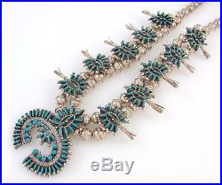 Gorgeous Zuni Sterling Silver Needlepoint Turquoise Squash Blossom NecklaceRS
