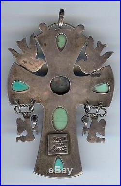 Gustavo Martinez Vintage Mexico Sterling Turquoise Dangle Angels Cross Pendant