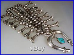 HEAVY OLD NAVAJO STERLING SILVER & TURQUOISE SQUASH BLOSSOM NECKLACE 205 grams