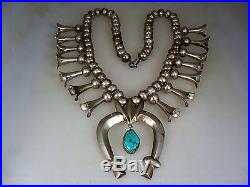 HEAVY OLD NAVAJO STERLING SILVER & TURQUOISE SQUASH BLOSSOM NECKLACE 205 grams