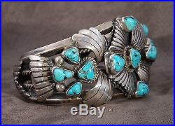 Heavy Sterling Silver Turquoise Cluster Carinated Cuff Bracelet 77.4 Grams