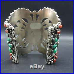HUGE Lorenzo James NAVAJO Sterling Silver TURQUOISE CORAL SPINY Cuff BRACELET