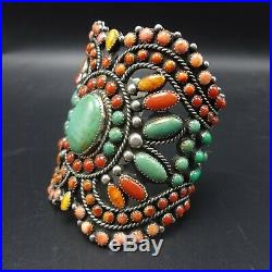HUGE Lorenzo James NAVAJO Sterling Silver TURQUOISE CORAL SPINY Cuff BRACELET