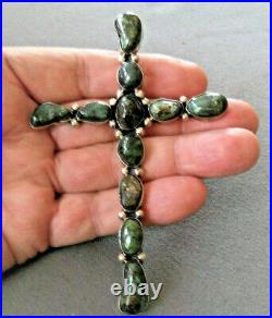 HUGE Native American Dark Green Turquoise Sterling Silver Cross Pendant 4.8