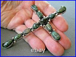 HUGE Native American Dark Green Turquoise Sterling Silver Cross Pendant 4.8