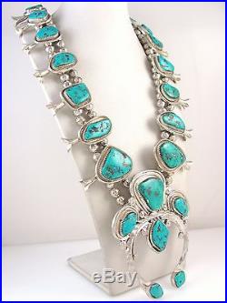 HUGE Navajo Handmade Sterling Silver Morenci Turquoise Squash Blossom Necklace J
