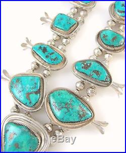 HUGE Navajo Handmade Sterling Silver Morenci Turquoise Squash Blossom Necklace J