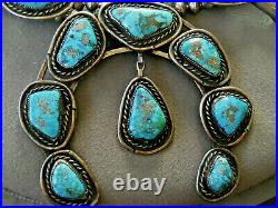 HUGE Navajo Spiderweb Morenci Turquoise Sterling Silver Squash Blossom Necklace