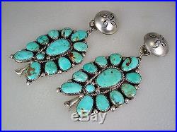 Huge Old Navajo Sterling Silver & Turquoise Cluster Squash Blossom Earrings