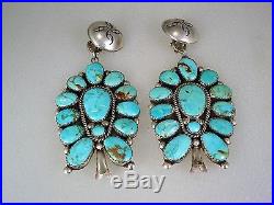 Huge Old Navajo Sterling Silver & Turquoise Cluster Squash Blossom Earrings