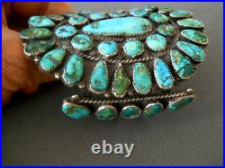 HUGE OLD & WIDE Native American Turquoise Cluster Sterling Silver Bracelet 3.75