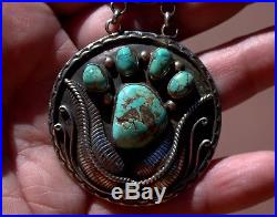 HUGE Old Pawn Navajo Sterling Silver & Turquoise Stone Animal Footprints Pendant