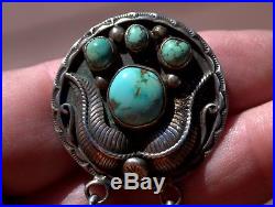 HUGE Old Pawn Navajo Sterling Silver & Turquoise Stone Animal Footprints Pendant