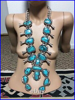 HUGE Old Pawn Squash Blossom Necklace Sterling Silver Stormy Mountain Turquoise