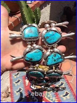 HUGE Old Pawn Squash Blossom Necklace Sterling Silver Stormy Mountain Turquoise