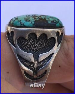 HUGE STAMPED Navajo Sterling Silver GEM SPIDERWEB Turquoise MENS Ring Sz 12